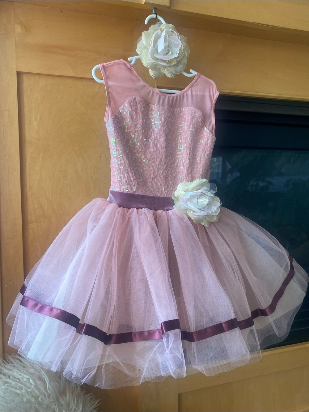 Weissman Pink Sequin Tulle Dance Costume with Floral Accent
